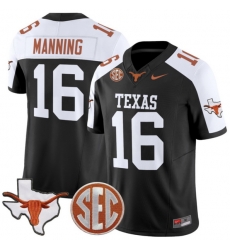 Men Texas Longhorns 16 Arch Manning Black White Map 26 SEC Patch Stitched Football Jersey