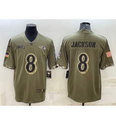Men Baltimore Ravens 8 Lamar Jackson Olive 2022 Salute To Service Limited Stitched Jersey Men Baltimore Ravens 8 Lamar Jackson Olive 2022 Salute To Service Limited Stitched Jersey