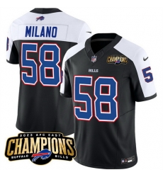 Men Buffalo Bills 58 Matt Milano Black White 2023 F U S E AFC East Champions Ptach Stitched Football Jersey Men Buffalo Bills 58 Matt Milano Black White 2023 F U S E AFC East Champions Ptach Stitched Football Jersey