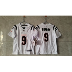 Women Cincinnati Bengals 9 Joe Burrow White F U S E  Stitched Vapor Football Jersey 