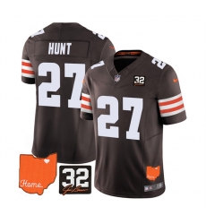 Men Cleveland Browns 27 Kareem Hunt Brown 2023 F U S E With Jim Brown Memorial Patch Vapor Untouchable Limited Stitched Jersey Men Cleveland Browns 27 Kareem Hunt Brown 2023 F U S E With Jim Brown Memorial Patch Vapor Untouchable Limited Stitched Jersey