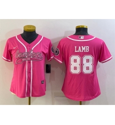Women Dallas Cowboys 88 CeeDee Lamb Pink With Patch Cool Base Stitched Baseball Jersey Women Dallas Cowboys 88 CeeDee Lamb Pink With Patch Cool Base Stitched Baseball Jersey