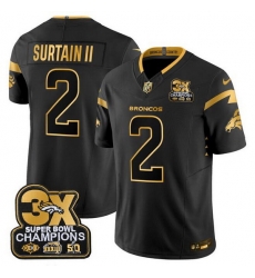 Men Denver Broncos 2 Pat Surtain II Black Gold F U S E  3 Time Champions Patch Vapor Limited Stitched Football Jersey