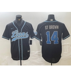 Men Detroit Lions 14 Amon Ra St Brown Black Cool Base Stitched Baseball Jersey Men Detroit Lions 14 Amon Ra St Brown Black Cool Base Stitched Baseball Jersey