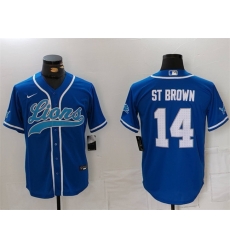 Men Detroit Lions 14 Amon Ra St Brown Blue Cool Base Stitched Baseball Jersey Men Detroit Lions 14 Amon Ra St Brown Blue Cool Base Stitched Baseball Jersey