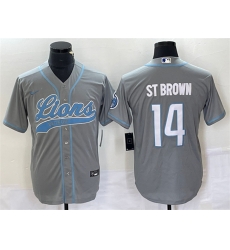 Men Detroit Lions 14 Amon Ra St Brown Gray Cool Base Stitched Baseball Jersey Men Detroit Lions 14 Amon Ra St Brown Gray Cool Base Stitched Baseball Jersey