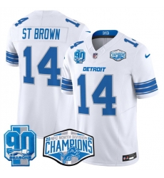 Men Detroit Lions 14 Amon Ra St Brown White 2024 NFC North Champions 90th Anniversary Patch F U S E Vapor Limited Stitched Jersey Men Detroit Lions 14 Amon Ra St Brown White 2024 NFC North Champions 90th Anniversary Patch F U S E Vapor Limited Stitched Jersey