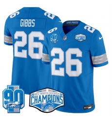Men Detroit Lions 26 Jahmyr Gibbs Blue 2024 NFC North Champions 90th Anniversary Patch F U S E Vapor Limited Stitched Jersey Men Detroit Lions 26 Jahmyr Gibbs Blue 2024 NFC North Champions 90th Anniversary Patch F U S E Vapor Limited Stitched Jersey