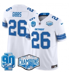 Men Detroit Lions 26 Jahmyr Gibbs White 2024 NFC North Champions 90th Anniversary Patch F U S E Vapor Limited Stitched Jersey Men Detroit Lions 26 Jahmyr Gibbs White 2024 NFC North Champions 90th Anniversary Patch F U S E Vapor Limited Stitched Jersey