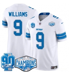 Men Detroit Lions 9 Jameson Williams White 2024 NFC North Champions 90th Anniversary Patch F U S E Vapor Limited Stitched Jersey Men Detroit Lions 9 Jameson Williams White 2024 NFC North Champions 90th Anniversary Patch F U S E Vapor Limited Stitched Jersey
