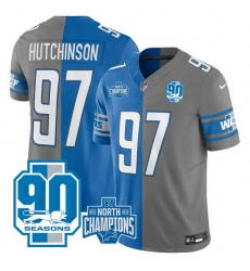 Men Detroit Lions 97 Aidan Hutchinson Blue Grey Split 2023 F U S E 90th Anniversary NFC North Division Champions Vapor Untouchable Limited Stitched Jersey Men Detroit Lions 97 Aidan Hutchinson Blue Grey Split 2023 F U S E 90th Anniversary NFC North Division Champions Vapor Untouchable Limited Stitched Jersey