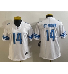 Women Detroit Lions 14 Amon Ra St Brown White Vapor Limited Stitched Football Jersey Women Detroit Lions 14 Amon Ra St Brown White Vapor Limited Stitched Football Jersey