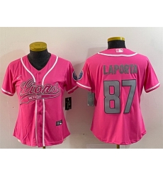 Women Detroit Lions 87 Sam LaPorta Pink With Patch Cool Base Stitched Baseball Jersey Women Detroit Lions 87 Sam LaPorta Pink With Patch Cool Base Stitched Baseball Jersey
