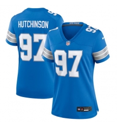 Women Detroit Lions 97 Aidan Hutchinson Blue Stitched Jersey Women Detroit Lions 97 Aidan Hutchinson Blue Stitched Jersey