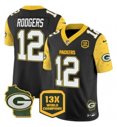 Men Green Bay Packers 12 Aaron Rodgers Cheese Black 2024 F U S E 13 Time World Champions And Home Patch Vapor Untouchable Limited Stitched Football Jersey Men Green Bay Packers 12 Aaron Rodgers Cheese Black 2024 F U S E 13 Time World Champions And Home Patch Vapor Untouchable Limited Stitched Football Jersey