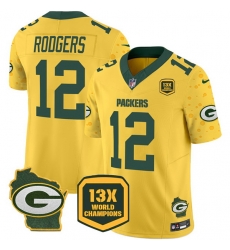 Men Green Bay Packers 12 Aaron Rodgers Cheese Gold 2024 F U S E 13 Time World Champions And Home Patch Vapor Untouchable Limited Stitched Football Jersey Men Green Bay Packers 12 Aaron Rodgers Cheese Gold 2024 F U S E 13 Time World Champions And Home Patch Vapor Untouchable Limited Stitched Football Jersey