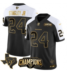 Men Houston Texans 24 Derek Stingley Jr Black White Golden 2023 F U S E With AFC South Champions Patch And Team Logo Patch Limited Stitched Football Jers Men Houston Texans 24 Derek Stingley Jr Black White Golden 2023 F U S E With AFC South Champions Patch And Team Logo Patch Limited Stitched Football Jers