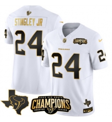 Men Houston Texans 24 Derek Stingley Jr White Golden 2023 F U S E With AFC South Champions Patch And Team Logo Patch Limited Stitched Football Jersey Men Houston Texans 24 Derek Stingley Jr White Golden 2023 F U S E With AFC South Champions Patch And Team Logo Patch Limited Stitched Football Jersey