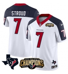 Men Houston Texans 7 C J Stroud White Navy 2023 F U S E AFC South Champions Patch And Team Logo Patch Vapor Untouchable Limited Stitched Football Jersey Men Houston Texans 7 C J Stroud White Navy 2023 F U S E AFC South Champions Patch And Team Logo Patch Vapor Untouchable Limited Stitched Football Jersey