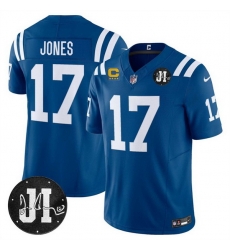 Men Indianapolis Colts 17 Daniel Jones Blue 2025 F U S E  With 4 Star C Patch And Jim Irsay Patch Vapor Limited Stitched Football Jersey