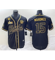 Men Kansas City Chiefs 15 Patrick Mahomes Black Gold With 4 Star C Patch And Super Bowl LVII Patch Cool Bae Stitched Baseball Jersey Men Kansas City Chiefs 15 Patrick Mahomes Black Gold With 4 Star C Patch And Super Bowl LVII Patch Cool Bae Stitched Baseball Jersey