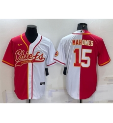 Men Kansas City Chiefs 15 Patrick Mahomes Red White Split With Patch Cool Base Stitched Baseball Jersey Men Kansas City Chiefs 15 Patrick Mahomes Red White Split With Patch Cool Base Stitched Baseball Jersey