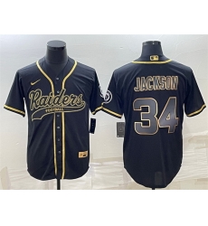 Men Las Vegas Raiders 34 Bo Jackson Black Gold With Patch Cool Base Stitched Baseball Jersey Men Las Vegas Raiders 34 Bo Jackson Black Gold With Patch Cool Base Stitched Baseball Jersey