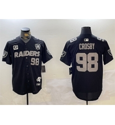 Men Las Vegas Raiders 98 Maxx Crosby Black With Nevada Silver Stat Patch And 65th Anniversary Patch 3 Star C Patch Stitched Baseball Jersey Men Las Vegas Raiders 98 Maxx Crosby Black With Nevada Silver Stat Patch And 65th Anniversary Patch 3 Star C Patch Stitched Baseball Jersey