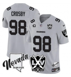 Men Las Vegas Raiders 98 Maxx Crosby Grey 2024 F U S E With Nevada Silver Stat Patch And 65th Anniversary Patch 4 Star C Patch Stitched Football Jersey Men Las Vegas Raiders 98 Maxx Crosby Grey 2024 F U S E With Nevada Silver Stat Patch And 65th Anniversary Patch 4 Star C Patch Stitched Football Jersey