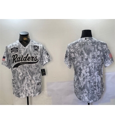 Men Las Vegas Raiders Blank 2024 Arctic Camo Salute To Service With 65th Anniversary Patch Stitched Baseball Jersey Men Las Vegas Raiders Blank 2024 Arctic Camo Salute To Service With 65th Anniversary Patch Stitched Baseball Jersey