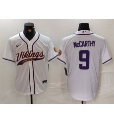 Men Minnesota Vikings 9 J J McCarthy White Cool Base Stitched Baseball Jersey Men Minnesota Vikings 9 J J McCarthy White Cool Base Stitched Baseball Jersey