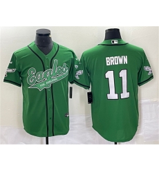 Men Philadelphia Eagles 11 A J Brown Green Cool Base Stitched Baseball Jersey Men Philadelphia Eagles 11 A J Brown Green Cool Base Stitched Baseball Jersey