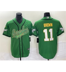 Men Philadelphia Eagles 11 A J Brown Green Gold Cool Base Stitched Baseball Jersey Men Philadelphia Eagles 11 A J Brown Green Gold Cool Base Stitched Baseball Jersey