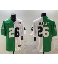 Men Philadelphia Eagles 26 Saquon Barkley Green White Split 2025 Super Bowl LIX Patch Vapor Untouchable Limited Stitched Football Jersey Men Philadelphia Eagles 26 Saquon Barkley Green White Split 2025 Super Bowl LIX Patch Vapor Untouchable Limited Stitched Football Jersey