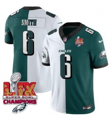 Men Philadelphia Eagles 6 DeVonta Smith White Green Split 2025 Super Bowl LIX Champions Patch F U S E  Vapor Untouchable Limited Stitched Football Jersey