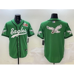 Men Philadelphia Eagles Team Big Logo Green 2025 Super Bowl LIX Patch Stitched Baseball Jersey 1