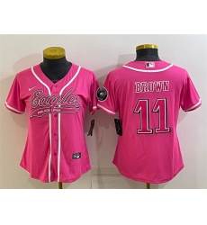 Women Philadelphia Eagles 11 A J Brown Pink With Patch Cool Base Stitched Baseball Jersey Women Philadelphia Eagles 11 A J Brown Pink With Patch Cool Base Stitched Baseball Jersey
