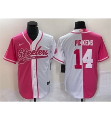 Men Pittsburgh Steelers 14 George Pickens White Pink Split Cool Base Stitched Baseball Jersey Men Pittsburgh Steelers 14 George Pickens White Pink Split Cool Base Stitched Baseball Jersey
