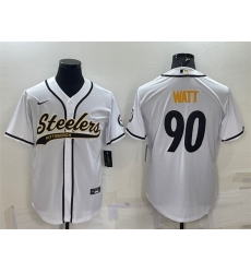 Men Pittsburgh Steelers 90 T J Watt White With Patch Cool Base Stitched Baseball Jersey Men Pittsburgh Steelers 90 T J Watt White With Patch Cool Base Stitched Baseball Jersey