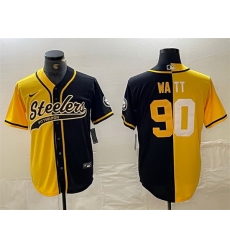 Men Pittsburgh Steelers 90 T J Watt Yellow Black Split With Patch Cool Base Stitched Baseball Jersey Men Pittsburgh Steelers 90 T J Watt Yellow Black Split With Patch Cool Base Stitched Baseball Jersey