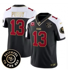 Men San Francisco 49ers 13 Brock Purdy White Balck 2023 F U S E With 1 Star C Patch And Faithful To The Bay Patch Stitched Football Jersey Men San Francisco 49ers 13 Brock Purdy White Balck 2023 F U S E With 1 Star C Patch And Faithful To The Bay Patch Stitched Football Jersey