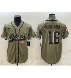 Men San Francisco 49ers 16 Joe Montana 2022 Olive Salute To Service Cool Base Stitched Baseball Jersey Men San Francisco 49ers 16 Joe Montana 2022 Olive Salute To Service Cool Base Stitched Baseball Jersey