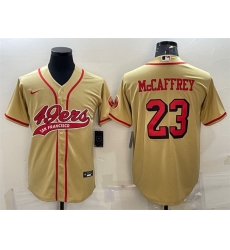 Men San Francisco 49ers 23 Christian McCaffrey New Gold With Patch Cool Base Stitched Baseball Jersey Men San Francisco 49ers 23 Christian McCaffrey New Gold With Patch Cool Base Stitched Baseball Jersey