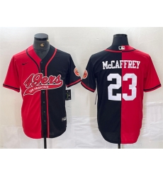 Men San Francisco 49ers 23 Christian McCaffrey Red Black Split With Patch Cool Base Stitched Baseball Jersey Men San Francisco 49ers 23 Christian McCaffrey Red Black Split With Patch Cool Base Stitched Baseball Jersey