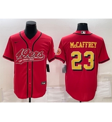 Men San Francisco 49ers 23 Christian McCaffrey Red Gold With Patch Cool Base Stitched Baseball Jersey Men San Francisco 49ers 23 Christian McCaffrey Red Gold With Patch Cool Base Stitched Baseball Jersey