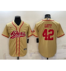 Men San Francisco 49ers 42 Ronnie Lott Gold With Patch Cool Base Stitched Baseball Jersey Men San Francisco 49ers 42 Ronnie Lott Gold With Patch Cool Base Stitched Baseball Jersey