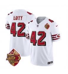 Men San Francisco 49ers 42 Ronnie Lott White 2023 F U S E 50th Patch Throwback Stitched Football Jersey Men San Francisco 49ers 42 Ronnie Lott White 2023 F U S E 50th Patch Throwback Stitched Football Jersey