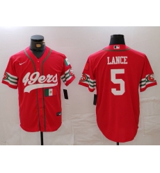 Men San Francisco 49ers 5 Trey Lance Red With Patch Cool Base Stitched Baseball Jersey 1 Men San Francisco 49ers 5 Trey Lance Red With Patch Cool Base Stitched Baseball Jersey 1