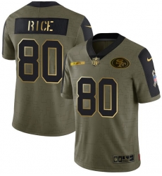 Men San Francisco 49ers 80 Jerry Rice 2021 Olive Camo Salute To Service Golden Limited Stitched Jersey Men San Francisco 49ers 80 Jerry Rice 2021 Olive Camo Salute To Service Golden Limited Stitched Jersey