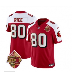 Men San Francisco 49ers 80 Jerry Rice Red White 2023 F U S E 50th Patch Throwback Stitched Football Jersey Men San Francisco 49ers 80 Jerry Rice Red White 2023 F U S E 50th Patch Throwback Stitched Football Jersey